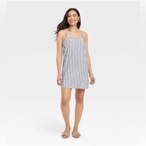 NWT - A New Day Blue Stripe Linen Blend Mini Dress Sleeveless Square Neck